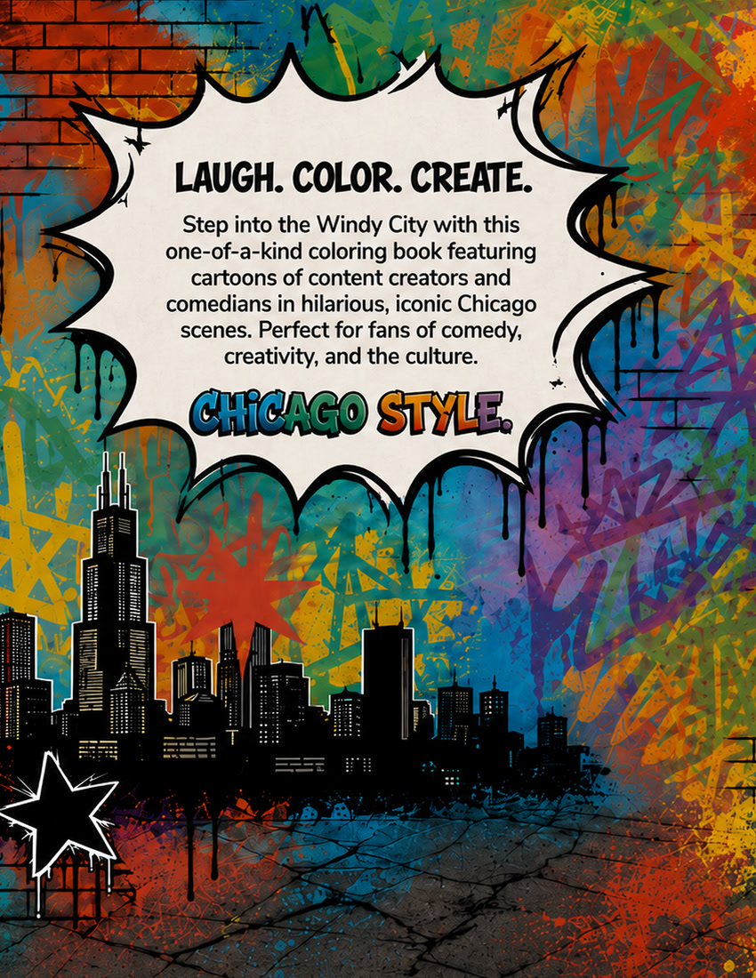 Official coloring book back cover with book description and Chicago artwork